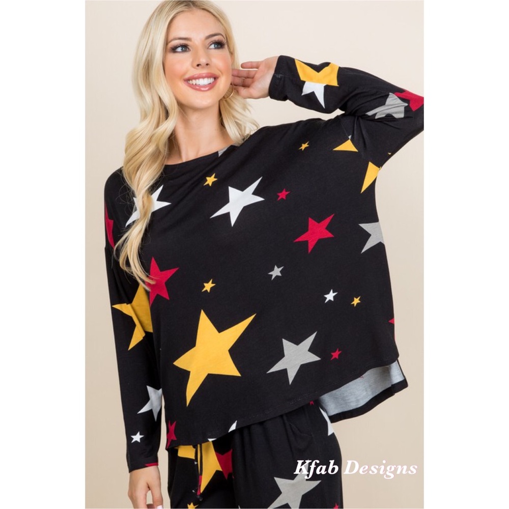 SMALL RESTOCKED! Star Print Soft Jersey Top w/Side Slits - Picture 4 of 8
